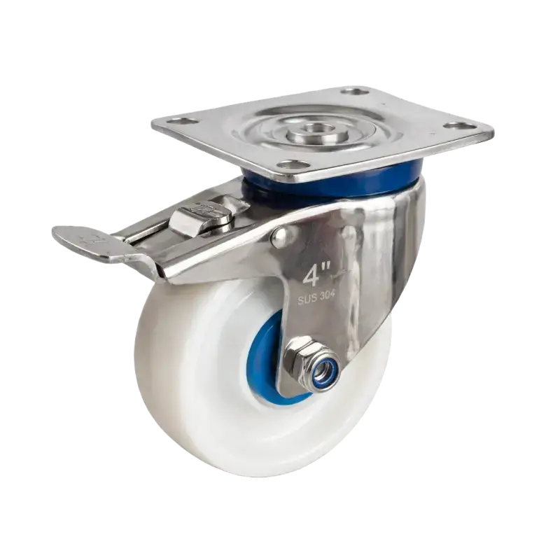 euro style medium duty kingpin less swivel with brake stainless steel caster with solid Nylon wheel, ball bearing
