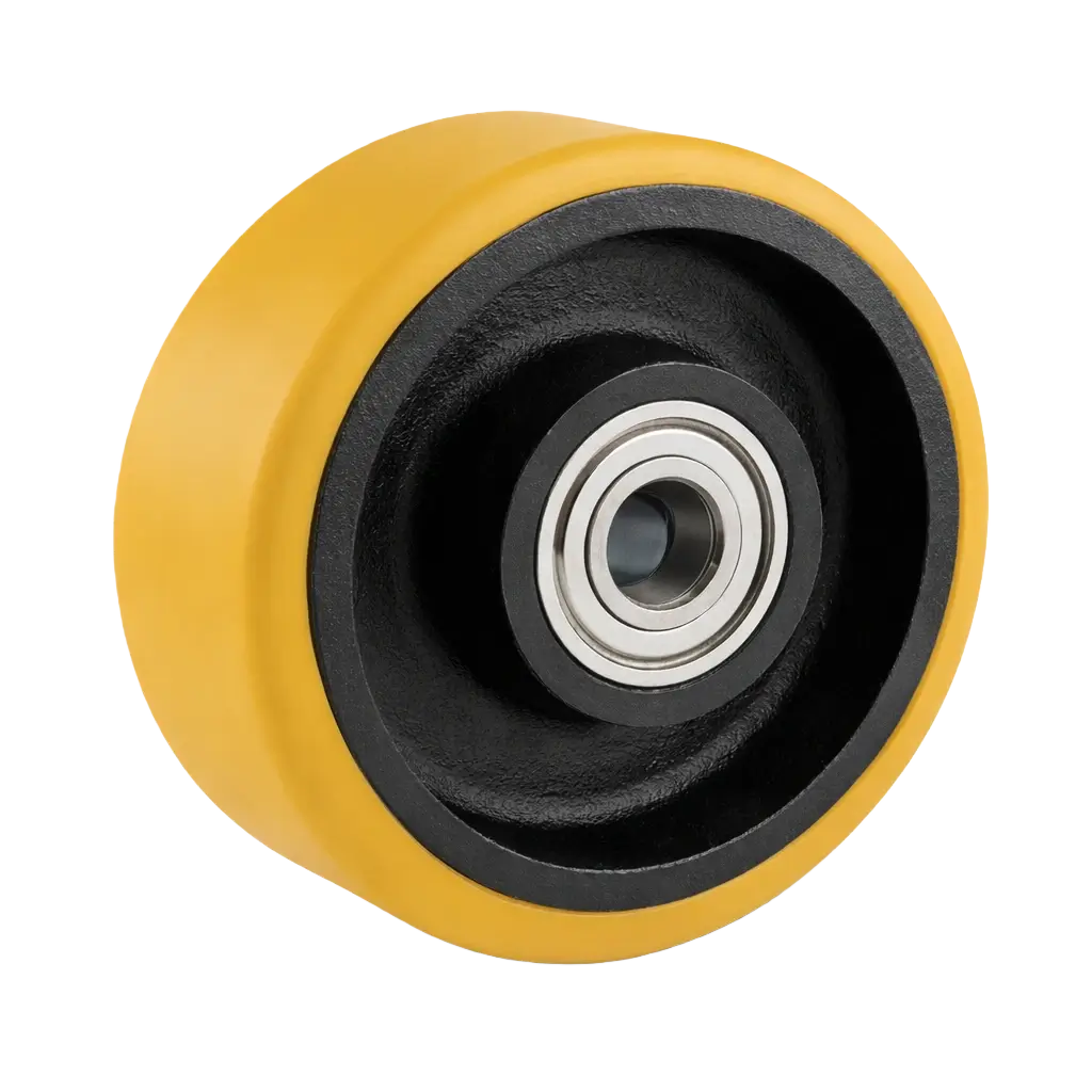 Close-up of a single industrial caster wheel with a yellow polyurethane tread, black cast iron core, and a precision ball bearings