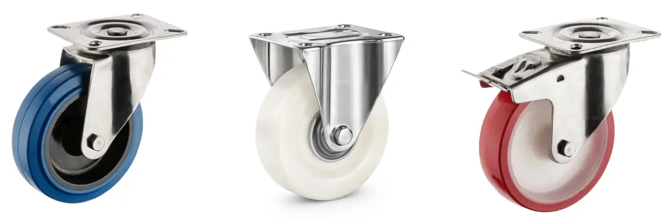 Three caster wheels with stainless steel housings and different wheels elastic rubber swivel caster, white Nylon fixed caster, and red PU tread swivel with brake caster—displayed side by side.