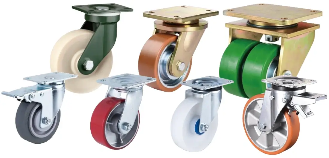 collection of industrial casters showcasing medium-duty to extra heavy-duty styles, featuring a combination of heavy-duty dual-wheel designs, rubber-treaded swivel casters with brakes, and high-load PU and Nylon wheels