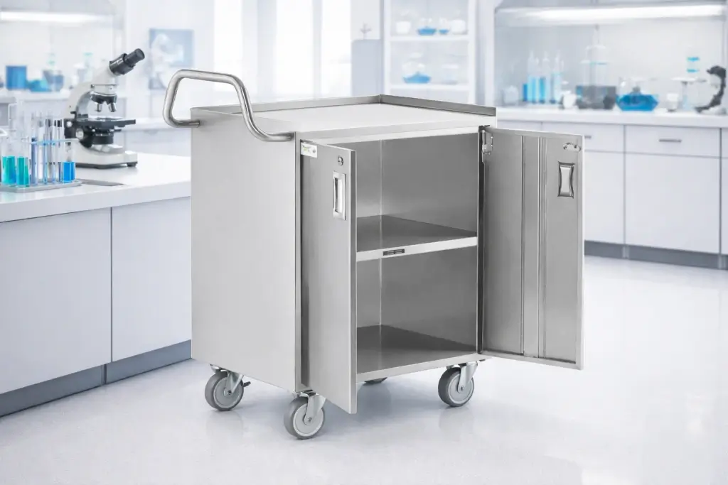 Laboratory-grade stainless steel cart with four swivel casters, push handle, and double-door cabinet with internal shelving.