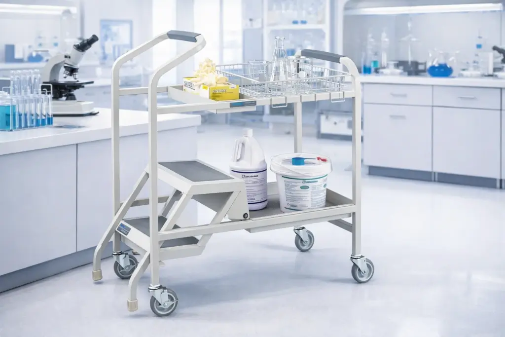 Laboratory utility cart with integrated step ladder, carrying cleaning supplies and glassware, shown in a bright lab environment.