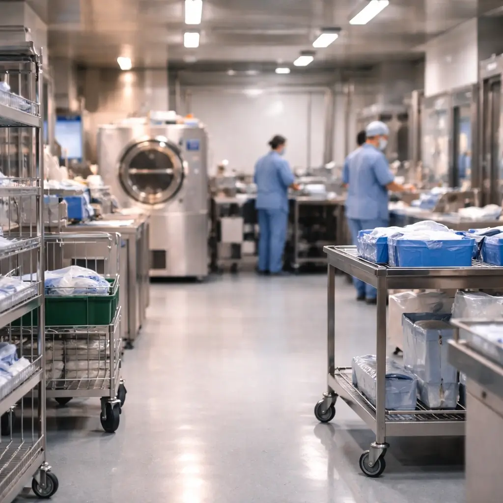 Sterile processing room with stainless steel carts on caster wheels loaded with packaged medical supplies; staff in blue scrubs work in the background near autoclave equipment.