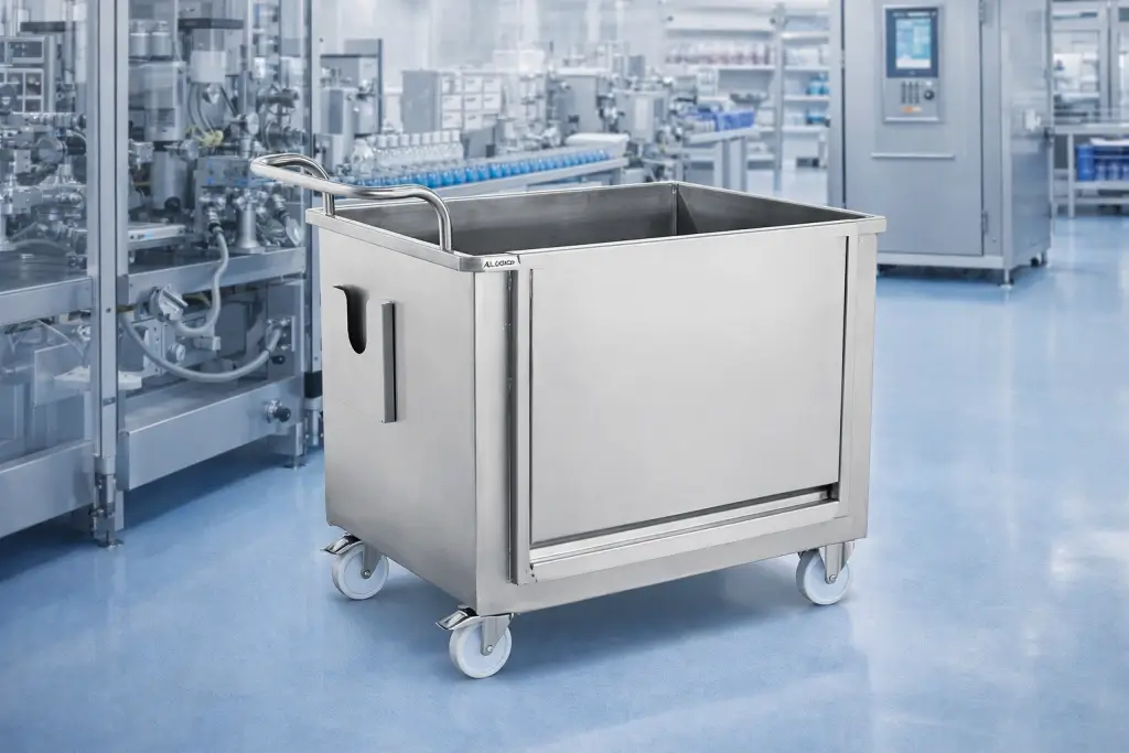 Pharmaceutical waste transport cart, placed in a sterilen pharmaceutical manufacturing environment.