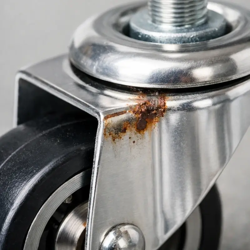 Close-up detail of a stainless steel caster showing localized rust at the welded joint and cut edge, illustrating how surface damage and harsh environments can cause corrosion despite stainless steel construction.