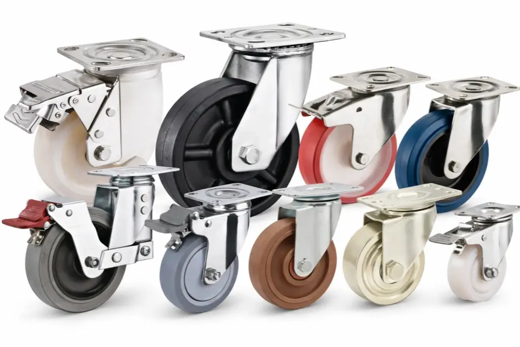 Grouped caster wheels in stainless steel housings with PU, Nylon, phenolic, rubber, TPR, stainless steel wheels and brakes