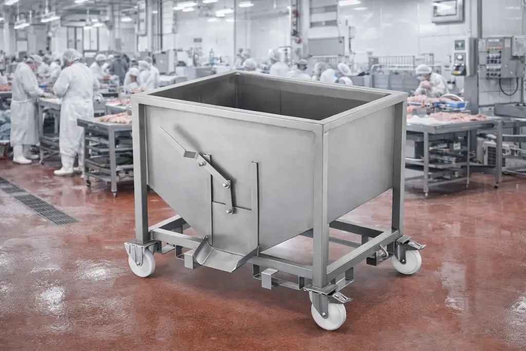 Industrial stainless steel bulk food stuff trolley with a bottom discharge spout and casters, used in a meat or food production facility.