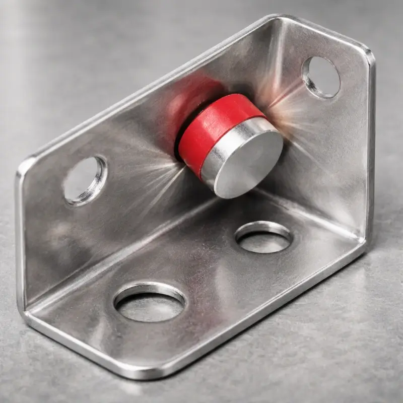 Close-up of a magnet attached to a cold-worked stainless steel bracket near stamped holes, illustrating how forming and punching can introduce localized magnetism in austenitic stainless steel.