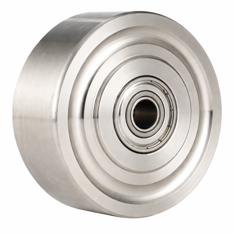 a polished stainless steel wheel, with stainless steel ball bearing