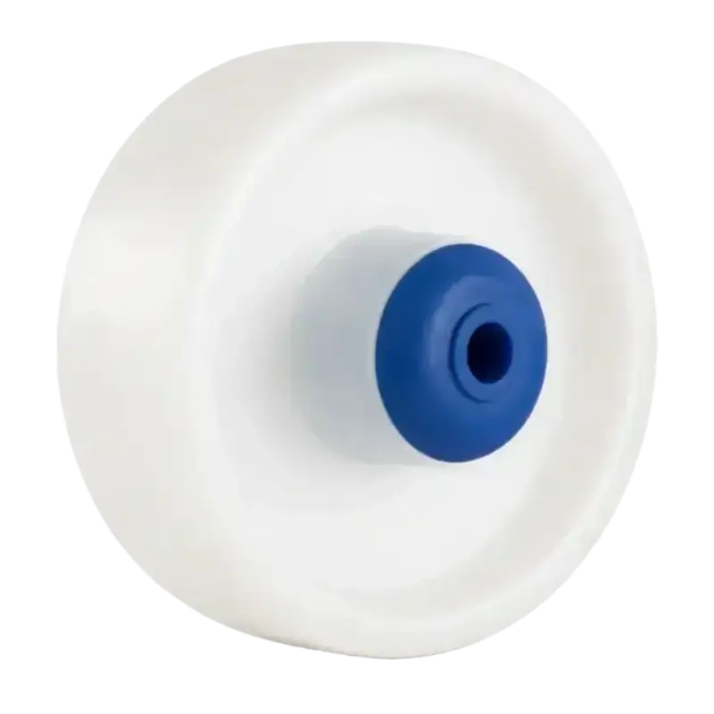 an industrial grade white Nylon wheel with ball bearing and small blue wheel cap