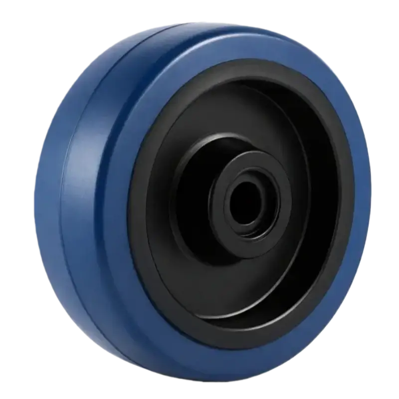 an industrial type elastic rubber wheel with blue tyre and black Nylon wheel core