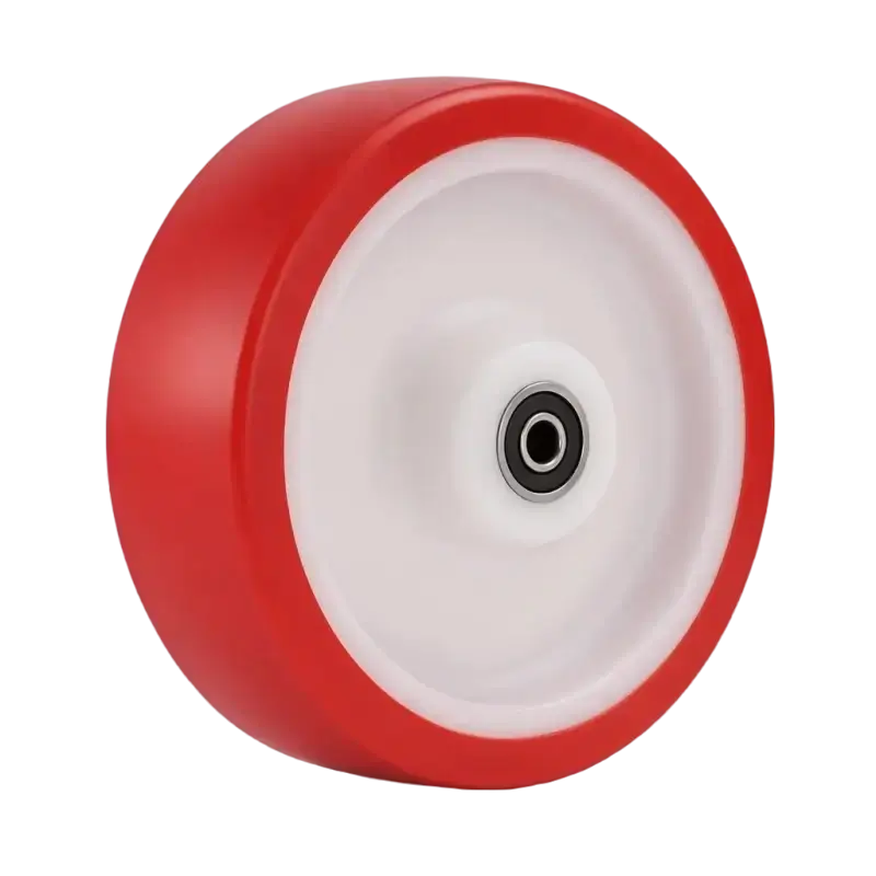 an industrial type PU on Nylon wheel with red tyre and white Nylon wheel core, plain bore with bushing
