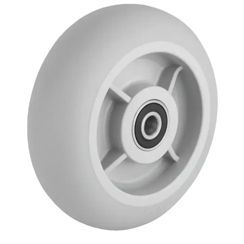 a heavy-duty industrial grade gray color round tread TPR wheel, plastic core, double ball bearings