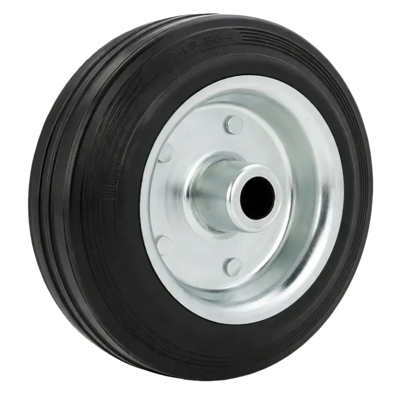 an industrial type black rubber tyre on zinc plated steel rim wheel, roller bearing