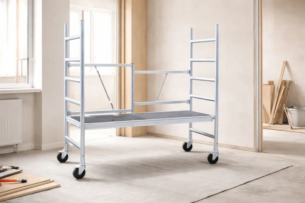 Lightweight aluminum mobile scaffold with four caster wheels placed in a room under renovation, surrounded by construction tools, wood panels, and natural window lighting.