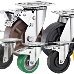 Seven high-temp resistant casters featuring stainless or zinc-plated housings, brown, black, green and yellow treads