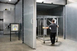 Worker pushes a large metal cart into a powder coating oven in a factory setting, with the cart featuring high temp resistant caster wheels and steel frame for material handling.