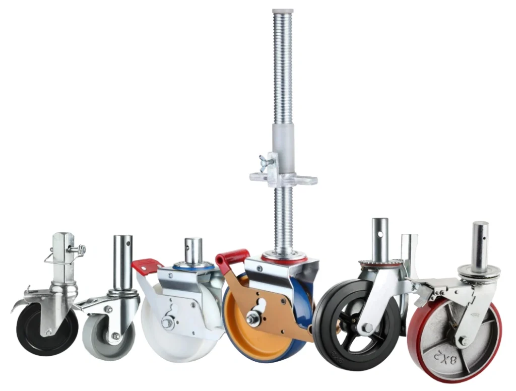 six scaffolding casters with varied configurations, including adjustable height screw jacks and mounted round stems. The casters are built with durable rubber, nylon, and polyurethane wheels.
