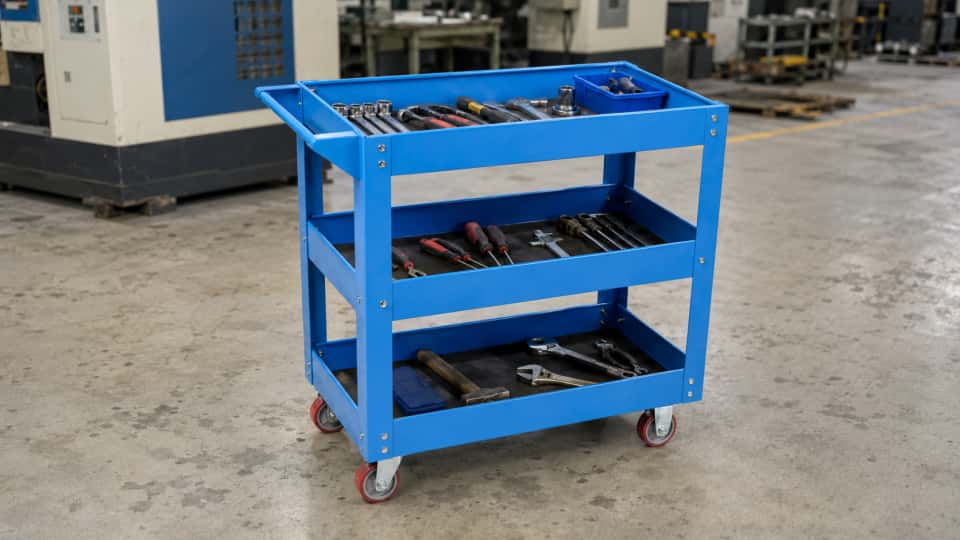 a blue color workshop trolley in a workshop