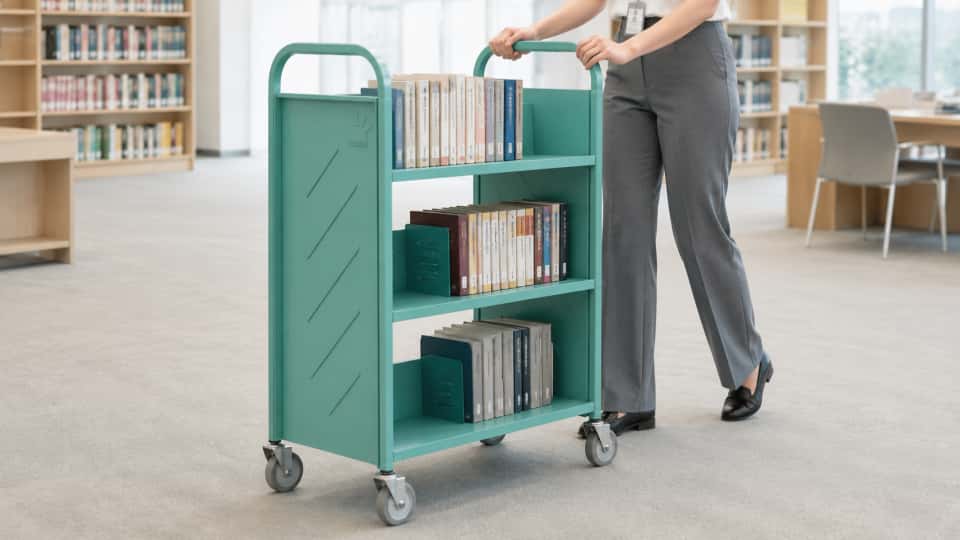 a femal librarian pushing a book truck in a library
