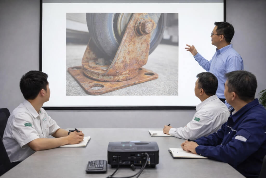 Four people in a meeting room review a projected photo of a corroded caster wheel, with one person standing and gesturing while explaining the issue
