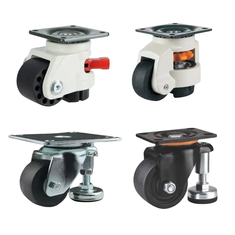 A collection of leveling casters with reinforced Nylon wheel, and the casters incorporate built-in leveling feet for vibration control and stability.