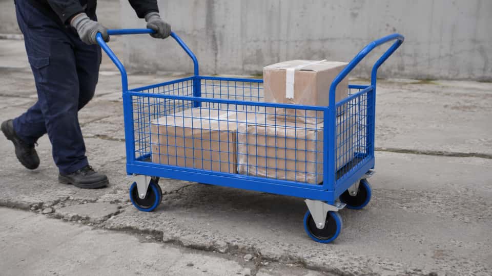 a worker pushing a blue color platform trolley assembled with blue color rubber casters on a uneven concrete surface.
