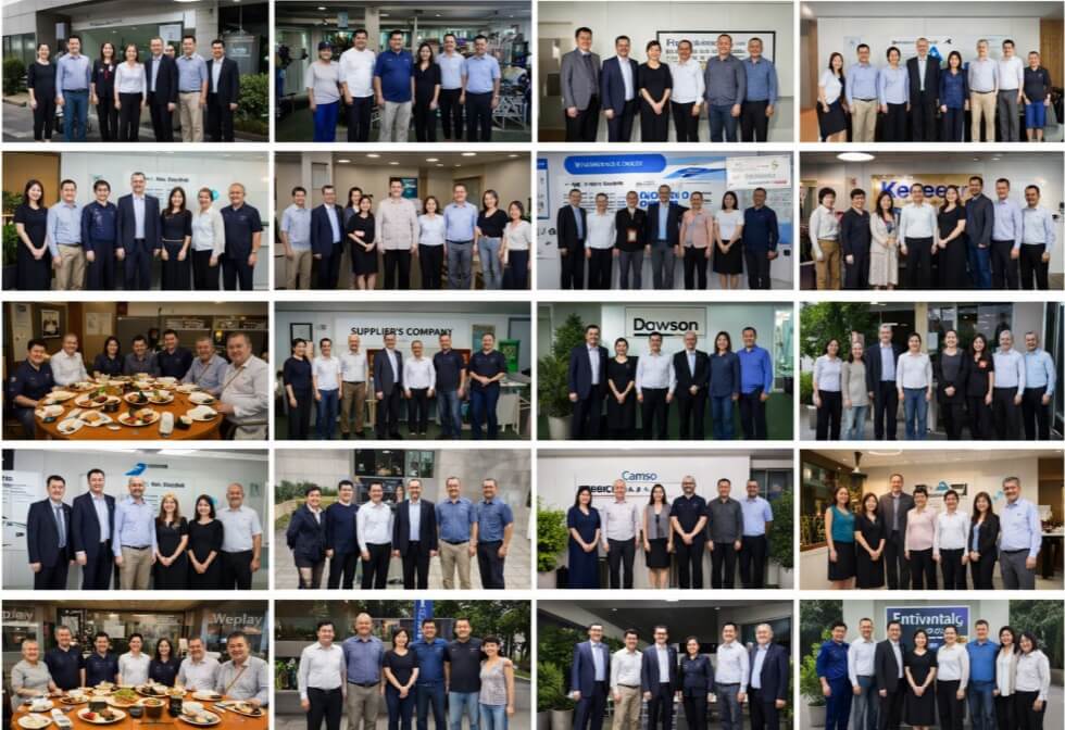 A collection of workplace group photos featuring employees and visitors posing together in corporate offices, conference rooms, and casual meeting environments