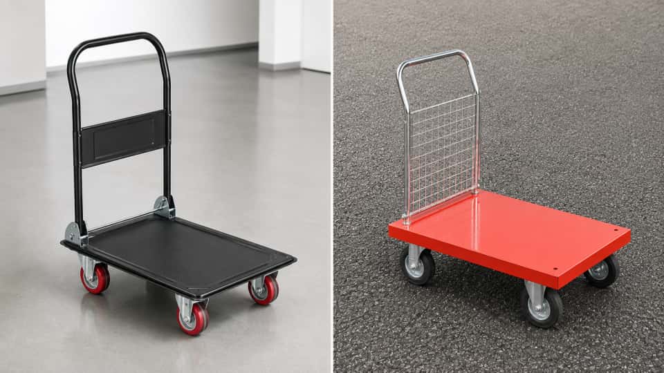 a black hand cart on red PU caster on clean epoxy floor and a orange color platform trolley on rubber casters on rough asphalt ground