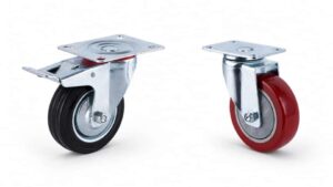 a swivel with brake rubber caster next a swive PU caster