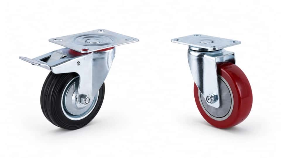 a swivel with brake rubber caster next a swive PU caster