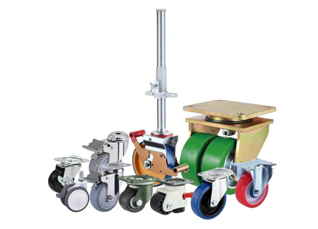 collection of industrial casters showcasing medium-duty to extra heavy-duty styles, featuring a combination of top plate and stem mountings, with Nylon, PU, rubber wheels