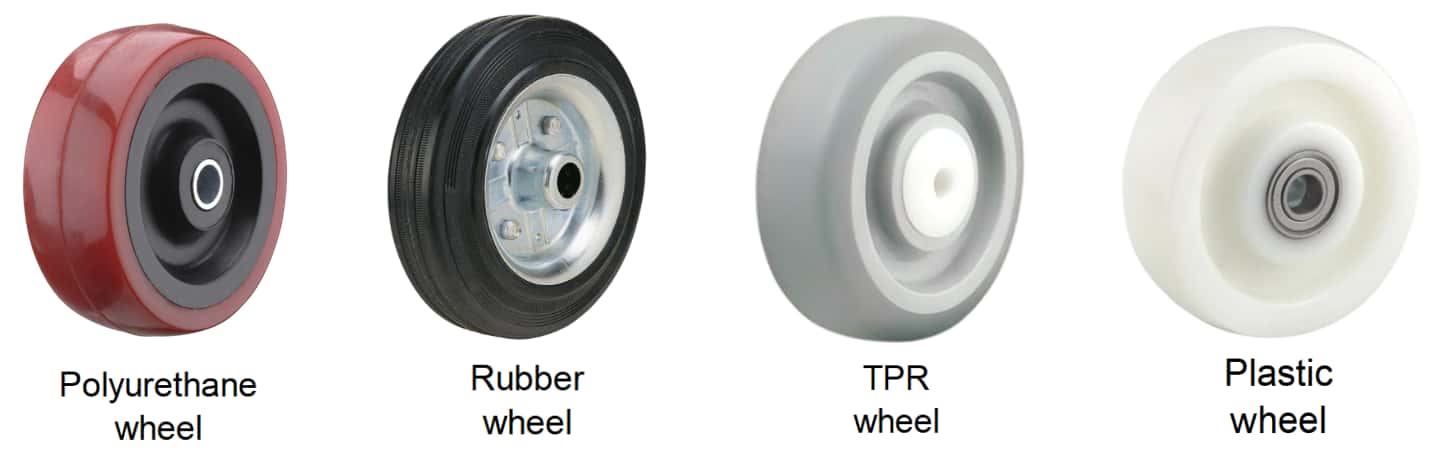 A lineup of different caster wheels made from PU, rubber, and plastic