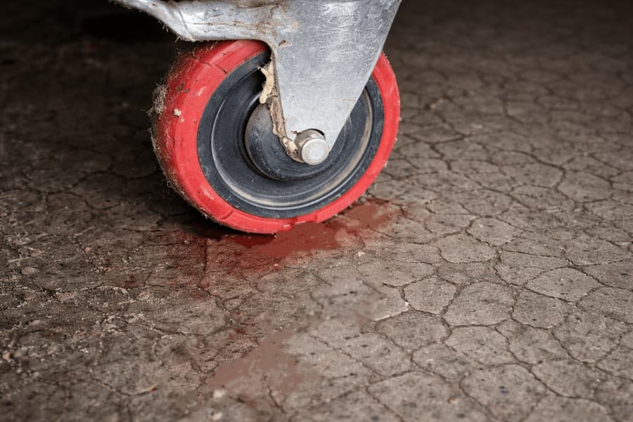 A polyurethane wheel showing signs of crumbling from hydrolysis