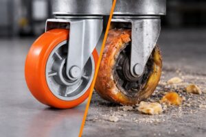 A split image showing a perfect PU wheel and a damaged PU wheel