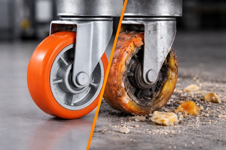 A split image showing a perfect PU wheel and a damaged PU wheel