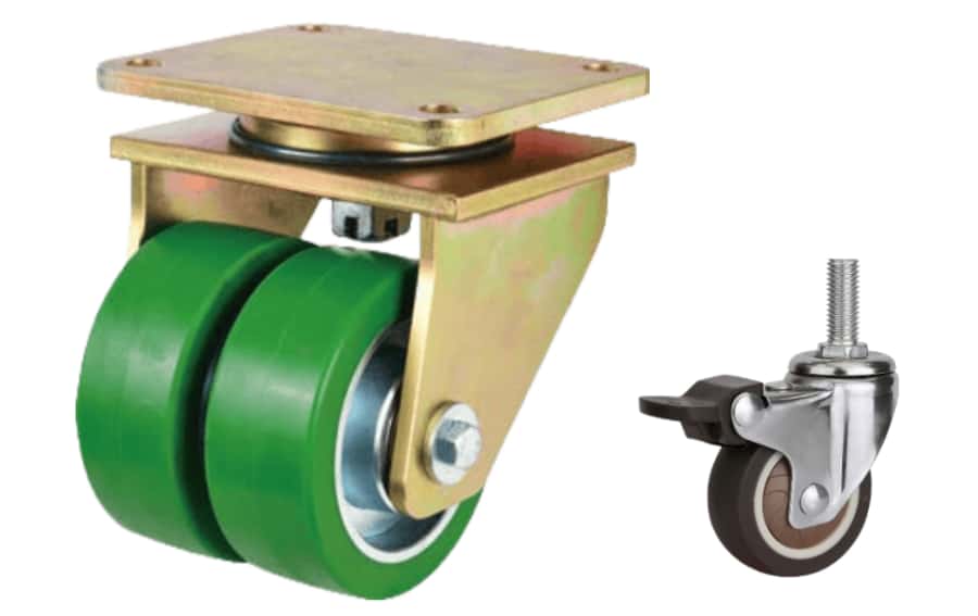 a 250mm twin wheel heavy duty caster next to a 75mm threaded stem light duty caster