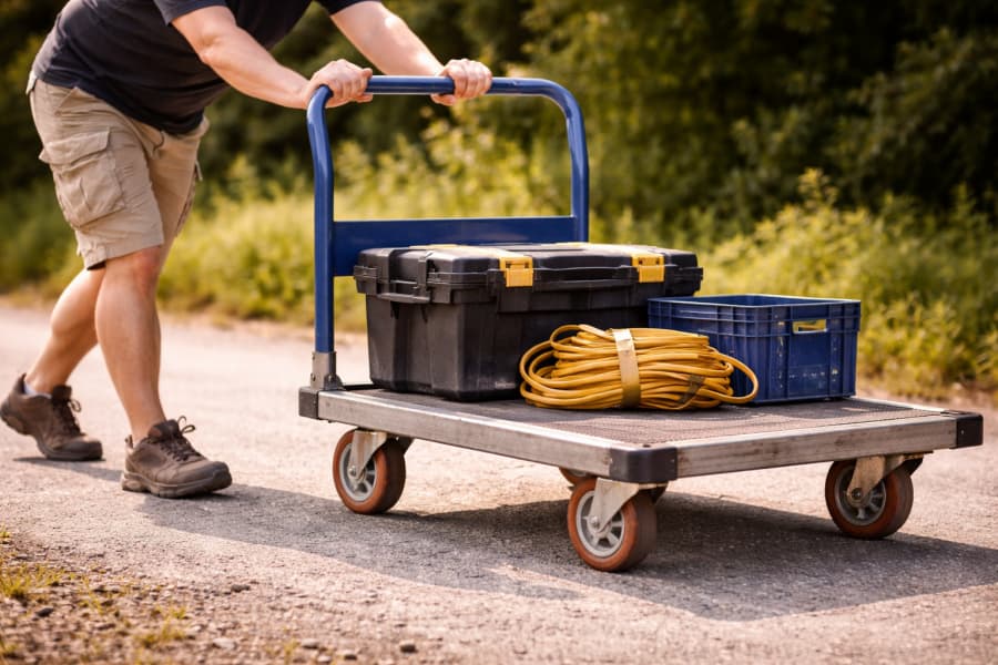 a person walking outdoor and pusing a platfrom cart loaded with tools and heavy objects