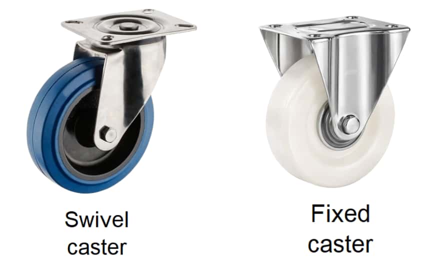 a swivel caster next to a fixed caster