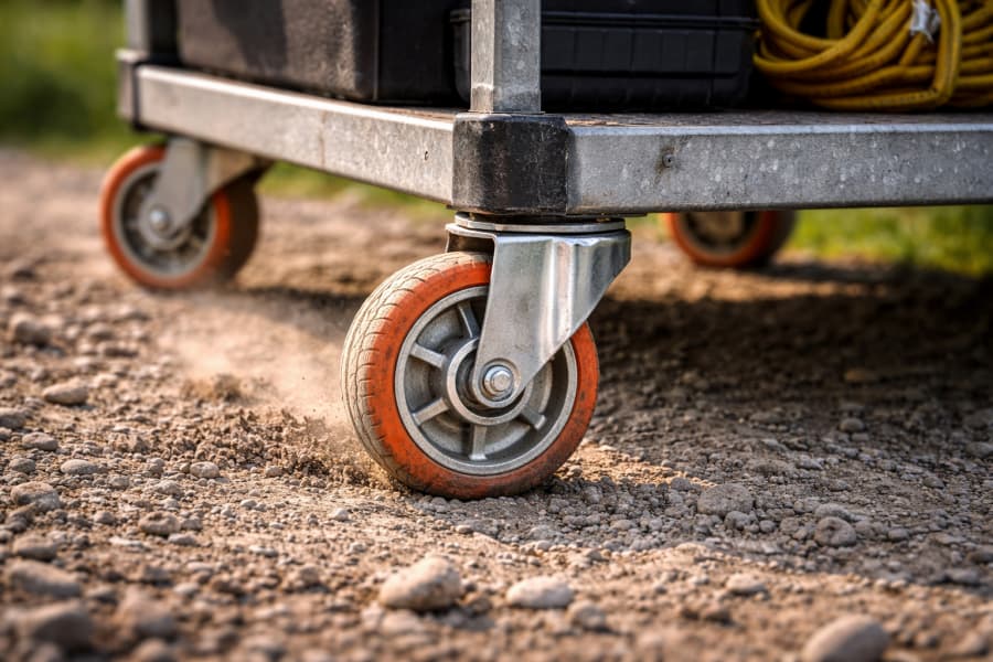 an aluminum case with heavy-duty casters on a gravle road