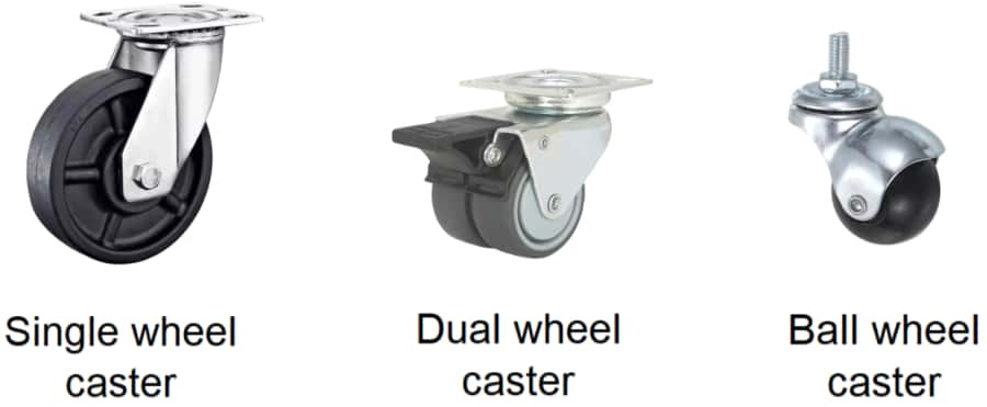 a single wheel caster, a dual wheel caster, and a ball-wheel caster