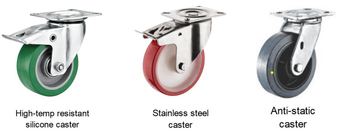 a green wheel high-temp resistant silicone caster, a red PU on Nylon wheel stainless steel caster, and a gray TPR wheel anti-static caster in a row