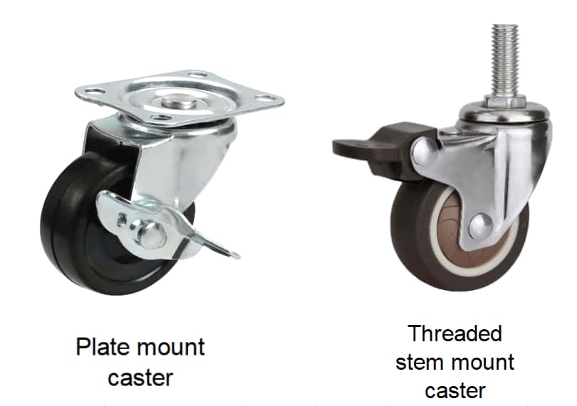 a plate mount caster next to a threaded stem mount caster