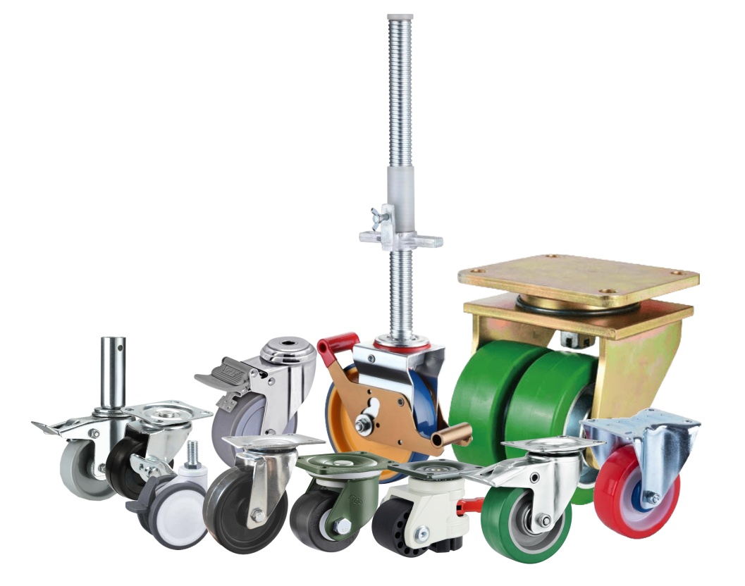 different types of casters including top plate, bolt hole, threaded stem, hollow tube,  etc