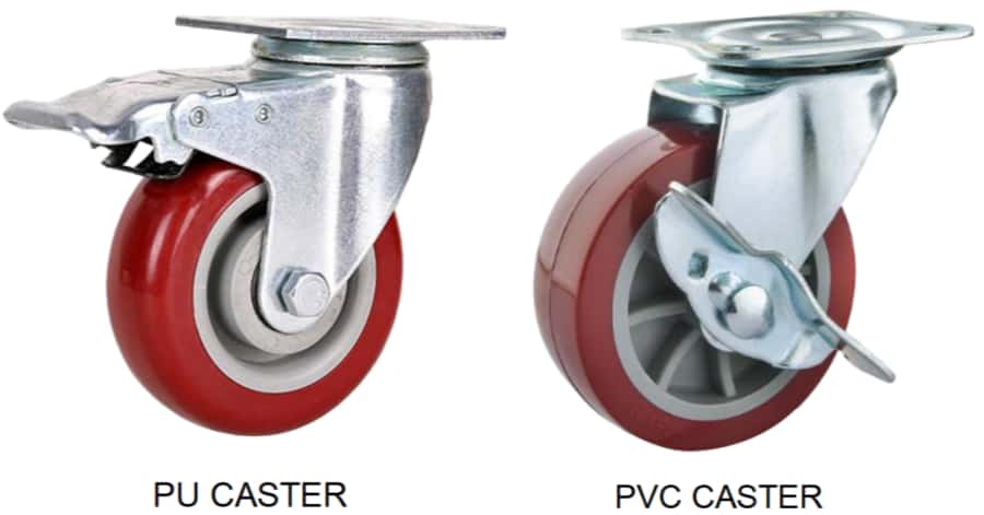 a red color PU caster next to a dark red color PVC caster