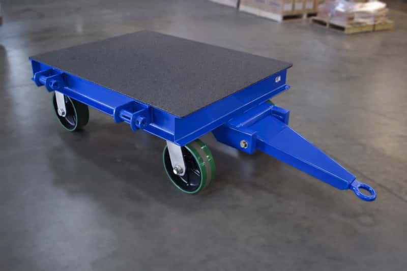 blue industrial platform cart with a tow handle and four heavy duty caster wheels with green color PU wheel
