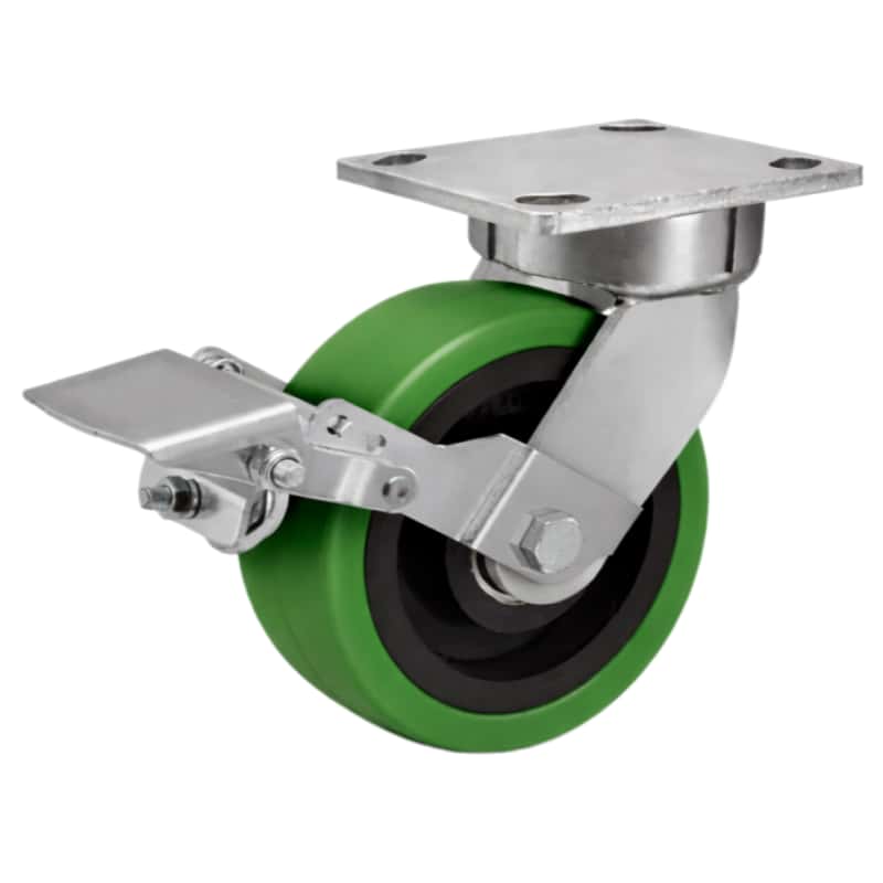 a kingpinless heavy duty caster with brake system and green PU wheel
