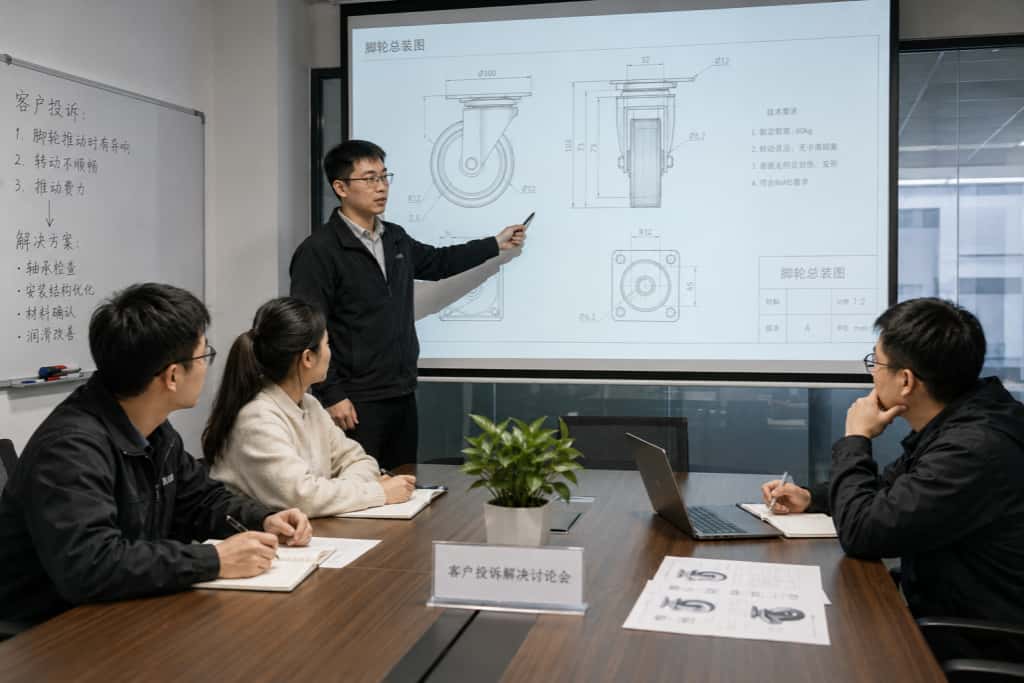 Four people in a meeting room review a projected photo of a corroded caster wheel, with one person standing and gesturing while explaining the issue