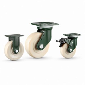 Three heavy-duty caster wheels in top plate mounting style, with white color wheel and dark green color metal bracket.