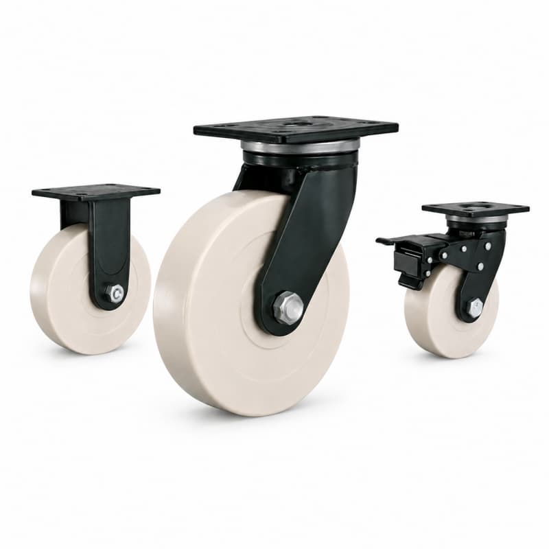 Three heavy-duty caster wheels in top plate mounting style, with white color wheel and dark green color metal bracket.